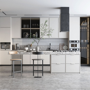 Meuble de cuisine encastré blanc de style français avec îlot en pierre frittée et armoire à vin en verre pour maisons de luxe - Product Image 3