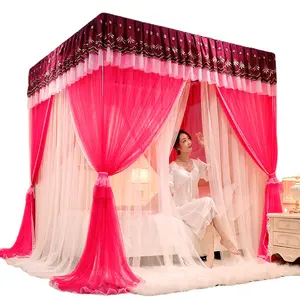 Tirai tempat tidur campuran linen King Queen gaya Korea, dekorasi tempat tidur kanopi 4 sudut