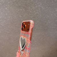 Étui de téléphone élégant avec miroir, strass étincelants et nœud en forme de cœur pour iPhone 18 17 Pro Max 16 15 14 13, texture tweed tendance, coque de protection