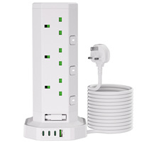 Multiprise verticale encastrable pour bureau, 12 prises UK, cordon rétractable, ports USB Type-C, en PC ignifuge
