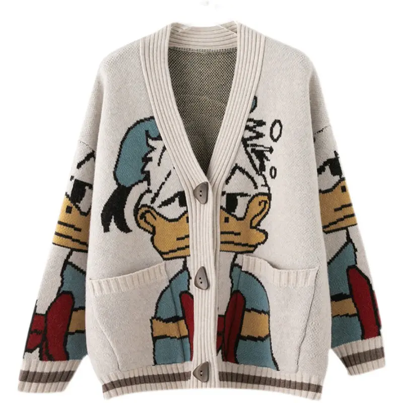 Hot Sale Cartoon Duck Pattern Knitted Cardigan Sweaters Women Oversized Loose Casual Knit Sweater Fashion Cardigan Coat