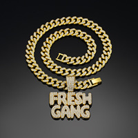 Pendentif Alphabet Iced FRESH GANG pour Hommes, entièrement serti de diamants, en alliage d'acier inoxydable, avec chaîne cubaine, style Hip Hop, cadeau pour rappeurs