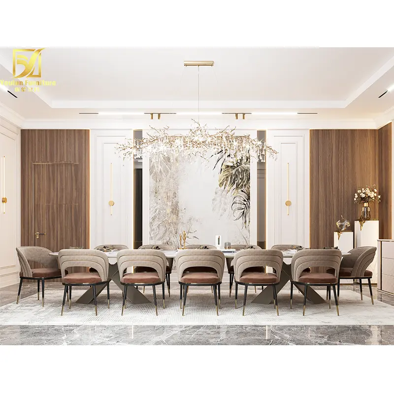 Set tavolo da pranzo a 12 posti rettangolare di lusso in pietra di marmo carrara crema semplice grande a 10 posti