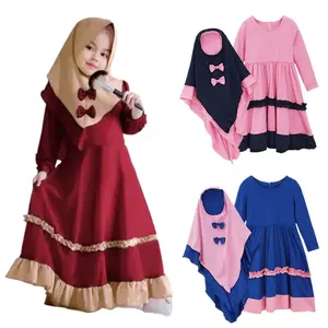 Spring Autumn Fashionable Girls Long Sleeve Muslim Kids Hijab Girl Dress Two Piece Set