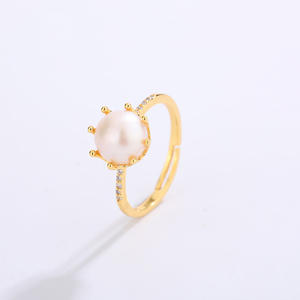 Gold Plated S925 <b>Silver</b> Pink Freshwater Pearl <b>Ring</b> CZ Accent <b>Adjustable</b> Jewelry for Women - Product Image 3