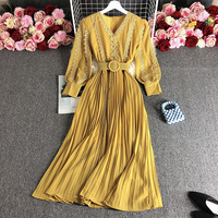 Gaun pangkas pinggang wanita, Dress kasual sifon lengan Puff, renda tambal sulam baru musim gugur musim dingin dengan leher bulat kelas atas