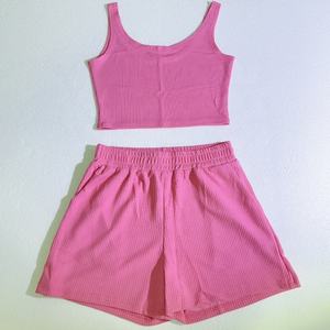 Vente chaude été nouvelles filles haut sans manches + short 2 pièces enfants costume mode famille correspondant tenues - Product Image 4