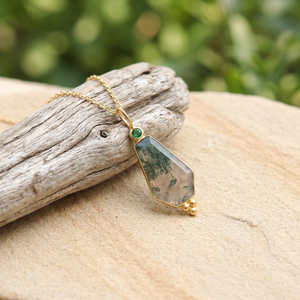 High quality natural moss agate <b>with</b> emerald cz accent pendant charms 18k gold plated coffin shape unisex wear jewelry necklace - Product Image 2