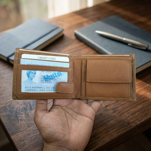 Portefeuille court pour homme en cuir véritable, motif étoile, broderie de lettres tendance, imperméable, avec poche pour cartes de crédit, marron foncé - Product Image 1