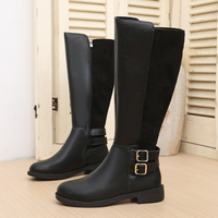 Bottes d'équitation pour femmes, hauteur genou, à double boucle, talon bas, en cuir, avec empiècements extensibles, bout rond, style équestre, noires