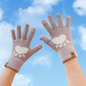 ถุงมือถักสำหรับผู้หญิงหนาอบอุ่นหน้าจอสัมผัสโทรศัพท์มือถือถุงมือพิมพ์ลายอุ้งเท้าแมว - Product Image 2