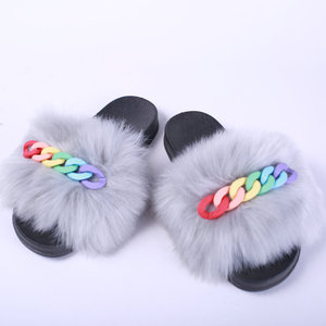 Sandales pour femmes, sandales moelleuses en fausse fourrure de <span class=keywords><strong>renard</strong></span>, claquettes avec chaîne, nouvelle collection 2022 - Product Image 4