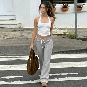 American Retro Casual Sporty Letter Print Color Block Flared Pants Streetwear Fashion Hot Girl <b>Drawstring</b> Grey Knit <b>Trousers</b> - Product Image 5