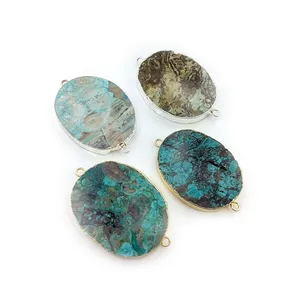 wholesale lot natural azurite malachite gemstone oval shape connector top quality gold/silver bezel blue crystal charms DIY sets