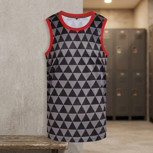 Maillot de basket-ball en maille respirante pour hommes, sans manches, col rond, motif géométrique, débardeur à bordure rouge, été - Product Image 2
