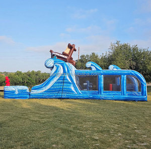 Parco a tema gonfiabile combinato scivolo gonfiabile avventura all'aperto Offshore Wet Dey percorso a ostacoli a doppia corsia - Product Image 4