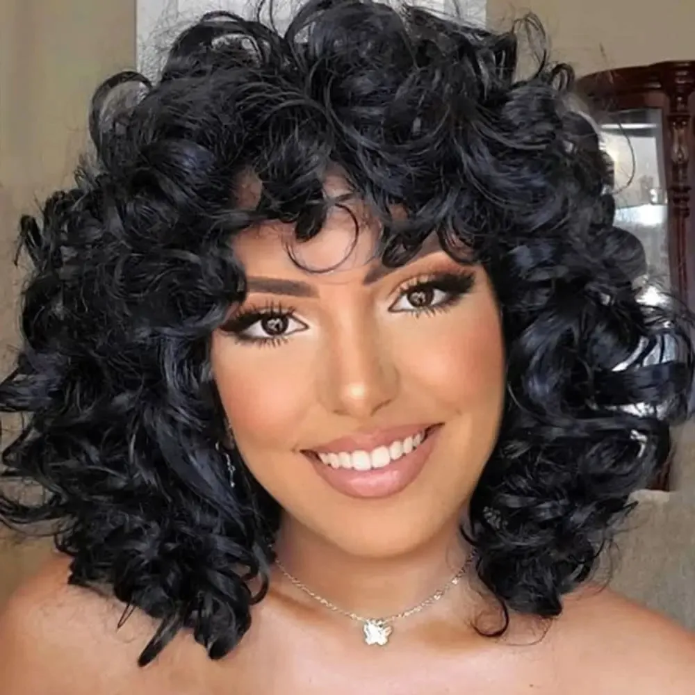 黒人女性のための前髪付きショートヘアアフロカーリーウィッグコスプレふわふわグルーレスミックスブラウンブロンドウィッグナチュラルレッドホワイトブルー