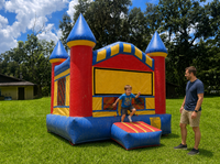 Castillo Inflable Ceyu de Cuatro Torres con Ventanas de Malla, Rojo, Azul y Amarillo, para Jardín, Fiestas Infantiles al Aire Libre