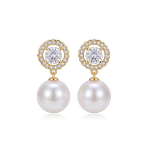 S925 <b>Silver</b> Gold Plated Round CZ Halo Freshwater Pearl Drop Earrings Elegant Jewelry Gift for Women Brides - Product Image 1