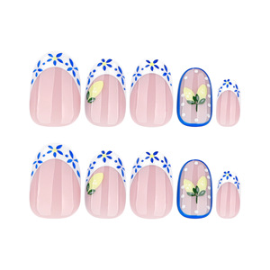 Faux ongles à presser Ovale, motif floral citron bleu, style French Manucure, peints à la main, réutilisables, longue tenue, pour l'été, <span class=keywords><strong>Nail</strong></span> <span class=keywords><strong>Art</strong></span> de vacances DIY - Product Image 5