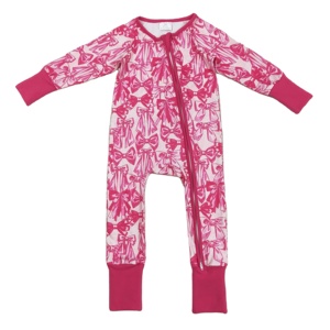 Infant <b>Baby</b> Girl Hot Pink Bows Print Cotton Spandex Long Sleeve Zipper Romper ODM Wholesale Winter Warmth Sleeper Set - Product Image 1