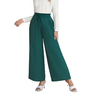 2024 Wholesale Casual Solid Color Elastic Waist Ruffle Drawstring Loose Wide Leg Plazzo Baggy Pants Trousers For Women