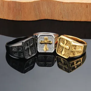 2024 high quality 15mm classic vintage 18k gold plated stainless steel luxury cross rings jewelry gift for men