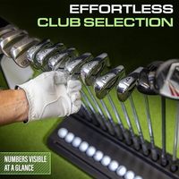 Support de club de golf en bois de qualité supérieure, organisateur d'affichage pour 14 clubs avec rangement pour balles et fente pour téléphone et tablette pour simulateurs de golf