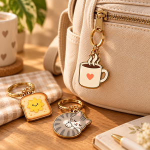Llavero de metal esmaltado personalizado con diseños de estilo de vida, dibujos animados, taza, tostada, planta, gato, hamburguesa, regalo, amuleto, OEM ODM - Product Image 3