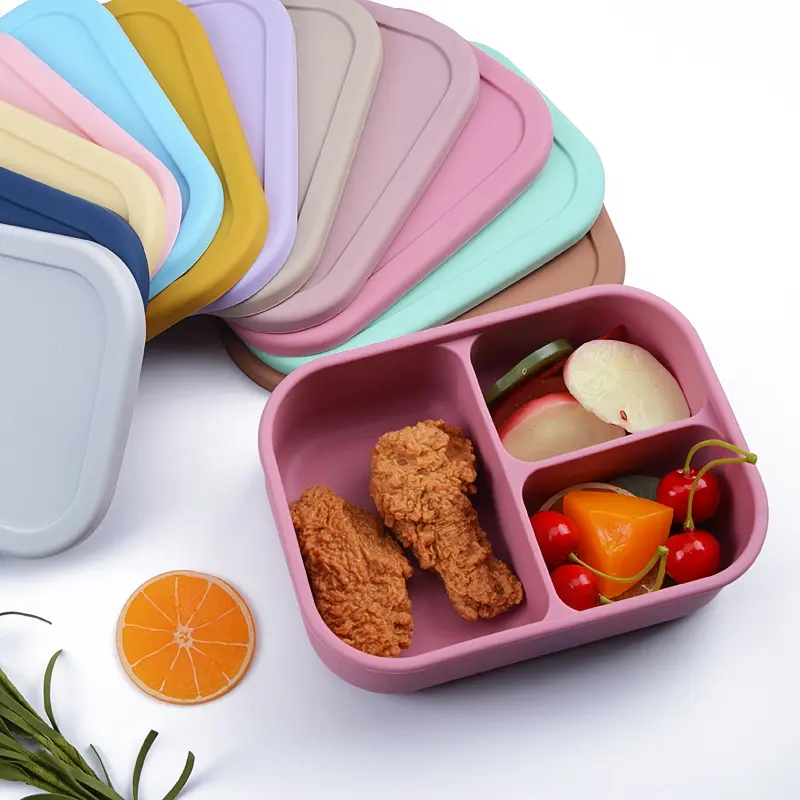 3 Compartment Silicon Bento LeakProof School Children Kid Lonchera Bengo Silicone Bento Lunchbox Lunch Box With Lid