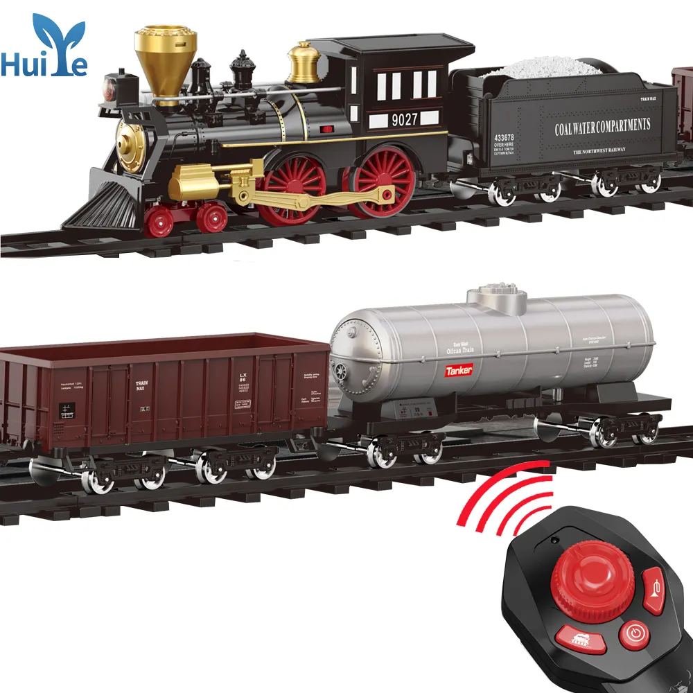 Huiye Train Set Toy with Remote Electric Train Toy Set with ornament Battery -Powered Steam Locomotive Engine Cargo Cars & Track