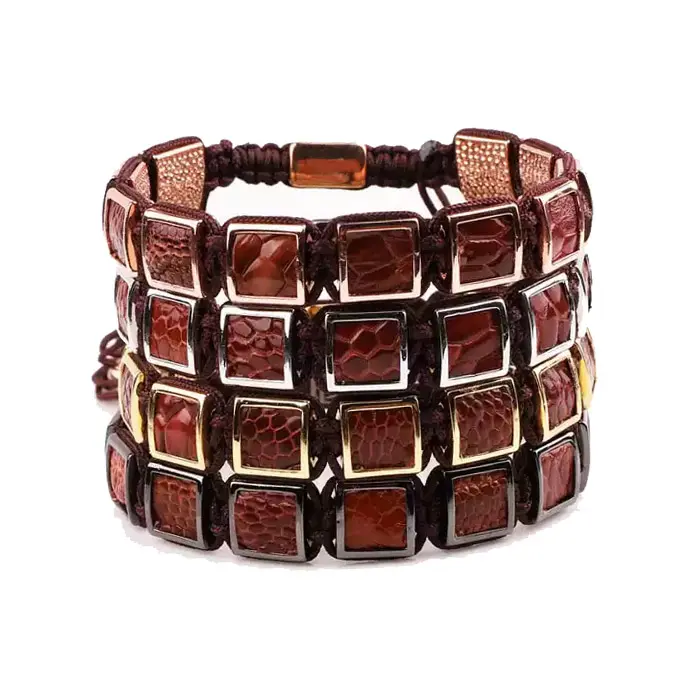 High Quality Customized Logo Leather Square Rectangle Beaded Braided Macrame Bracelet Men JBS10213