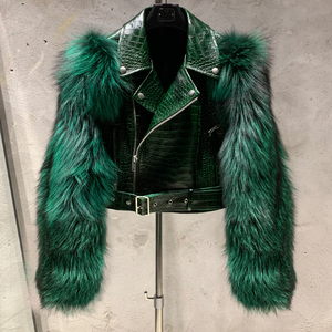 Chaqueta de Cuero Verde para Motociclista, Chaqueta de Cuero con Mangas de Piel Auténtica para Mujer - Product Image 1