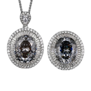 Ensemble de bijoux vintage tendance en cuivre écologique avec pendentif ovale en zircone cubique noir et gris 15*18mm pour femme - Product Image 1