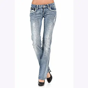 Chine fabricants jeans dames bleu flare robe denim femmes jean pantalon dames pantalon jeans