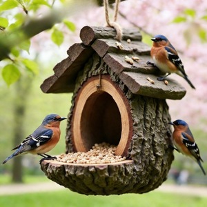 Mangeoire à oiseaux en résine en forme de souche d'arbre, style européen, à suspendre en extérieur pour jardin, balcon, cour, design durable et amusant - Product Image 1