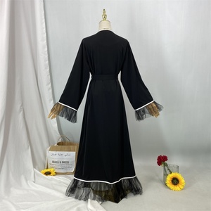 Trendy Black Open Abaya with <b>Lace</b> Sleeves Hem and <b>White</b> Contrast Edging Breathable Modest Dress for Summer 1466# - Product Image 6