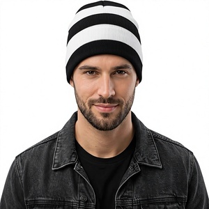 Striped <b>Beanie</b> <b>Hat</b> 100% Acrylic Winter Knit Cap for <b>Men</b> Casual Style Black White Color Block Design Unisex Adult Fit - Product Image 1