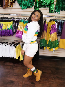 Roupas de Mardi Gras para Mulheres, Moletom de Manga Longa com Listras Roxas, Amarelas e Verdes e Saia, Fantasia de Fãs dos New Orleans Saints - Product Image 5