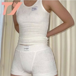 Custom logo <strong>Summer</strong> Loungewear Suit Beach Terry Towel White 2 Piece Short Set tank Top and Boxer Short Sets for Women - Product Image 3