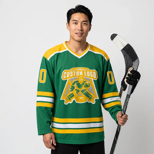 Maillot de hockey sur glace personnalisé pour homme, vert et jaune, col en V, manches longues, impression sublimée, évacuation de l'humidité, 100% polyester, adulte - Product Image 1