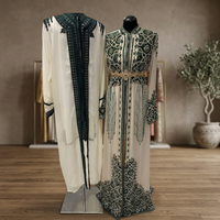 Robe Caftan Algérienne Marocaine en Satin Longue Élégante Perlée Infroissable Respirante Imprimé Floral Coupe Naturelle pour Femme