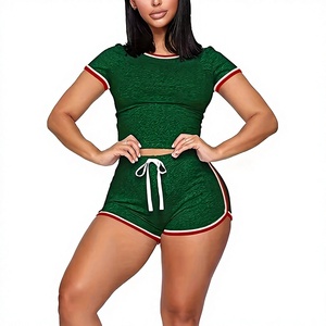 Women Green Solid Color Short Sleeve Shorts Lounge Set Neck Drawstring Knitted Breathable Summer Casual Sleepwear 2 Pieces 100% - Product Image 2