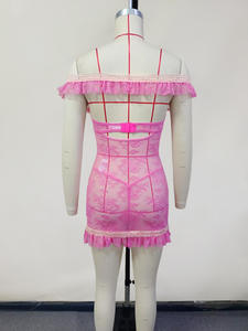 Mini sıkı dantel elbise tam örgü Bodycon Chemise pembe parti Babydoll fırfır off-omuz pijama - Product Image 6