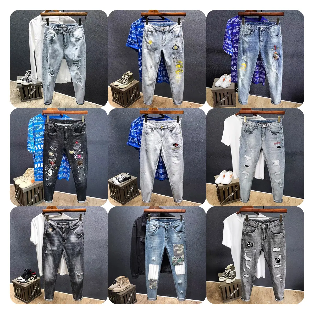 Custom with Zip Fashion Wash Men's Long Jeans Slim Fit Cargo Pocket Street Style Stretch Leg Denim Pant