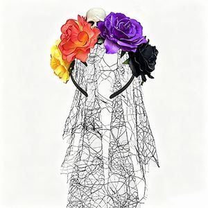 Diadema de Flores del Día de Muertos con Detalles de Calaveras, Corona de Pelo Gótica con Velo para Celebraciones Festivas - Product Image 2