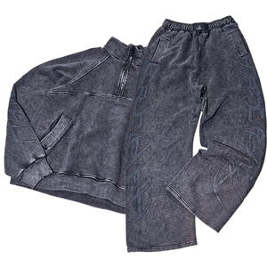 Sweatshirt and Sweatpants Set Heavy Distressed Acid-washed <b>Cardigan</b> Set Zippered Raglan Sweatshirt Two-piece Set - Product Image 2