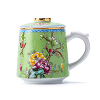 Tasse en céramique vert émeraude avec couvercle, motif traditionnel chinois de fleurs et d'oiseaux, tasse à thé en porcelaine, vaisselle