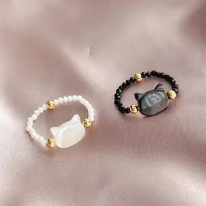 Moda estetik kristal ayarlanabilir el yapımı çift yüzük su geçirmez doğal taş Opal takı sevimli kedi yüzük