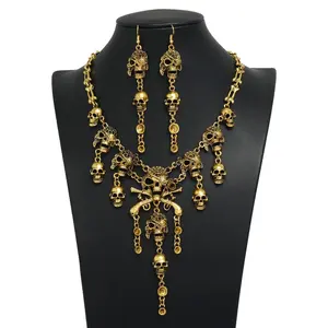 Halloween Jewelry Sets Gothic Punk Hip Hop Alloy Vintage Pirate Skull Tassel Necklace and Earrings Women Men Accessories
